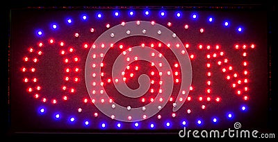 Led open sign, bright shining symbol for nightclubs, restaurants Stock Photo