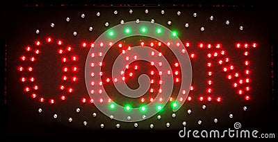 Led open sign, bright shining symbol for nightclubs, stores and Stock Photo