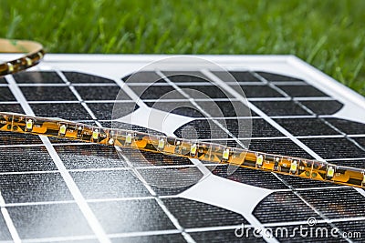 LED strip on photovoltaic solar panel Stock Photo