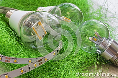 LED strip with various E27 light bulbs Stock Photo