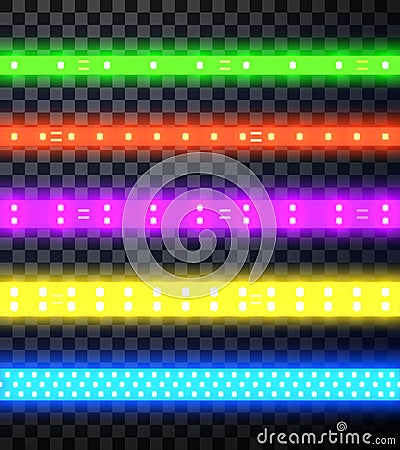 LED strips colorful set. Festive illumination. Luminous borders. Horizontal seamless tapes with lamps. Stock Photo