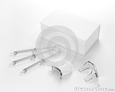 LED teeth whitening kit. Teeth ultraviolet whitening lamp. Whitening mouth tray. Stock Photo