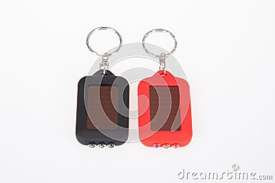 Led two keychain light pocket micro flash flashlight light black keys chains Stock Photo