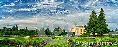 Lednice Chateau extra wide panorama with beautiful sky garden and park on summer Editorial Stock Photo