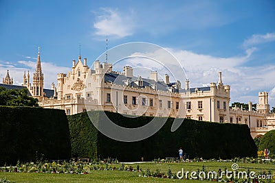 Lednice, Southern Moravia, Czech Republic, 04 July 2021: chateau with beautiful gardens, flower parks on sunny summer day, neo- Editorial Stock Photo