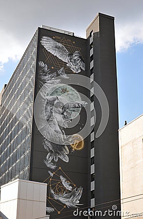 Leeds, England - AUGUST 22, 2017: the newly redeveloped platfrom building, formerly city house is decorated with the athena Editorial Stock Photo