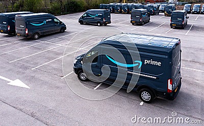 Newly built Ford E-Transit vans with Amazon Prime livery Editorial Stock Photo