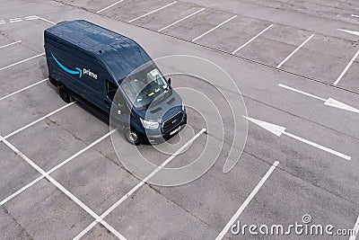 An all electric Amazon Prime Ford E-Transit van Editorial Stock Photo