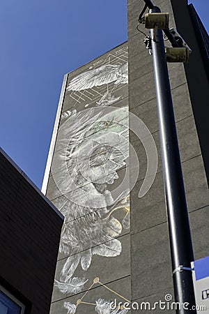 LEEDS, UNITED KINGDOM - Aug 08, 2020: Close up shot of Athena Rising art work on the side of a building in leeds Editorial Stock Photo