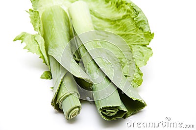 Leek on salad leaf Stock Photo