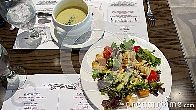 The Leek Soup and Salad at the Le Creperie de Paris restaurant in the French Pavillion at EPCOT Editorial Stock Photo