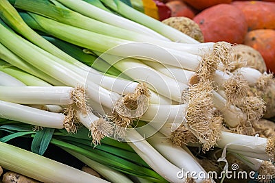 Leek and verious vegetables for sale at a market Stock Photo