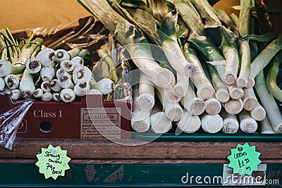 Leeks and spring onions on sale at a convenience store in London, UK Editorial Stock Photo