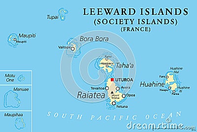 Leeward Islands, part of Society Islands in French Polynesia, political map Vector Illustration