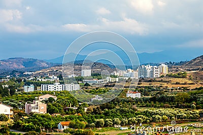 Lefka city center with modern buildings and green residential suburbs, Northern Cyprus Stock Photo