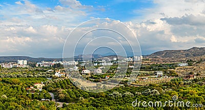 Lefka town panorama with modern buildings and green residential suburbs, Northern Cyprus Stock Photo