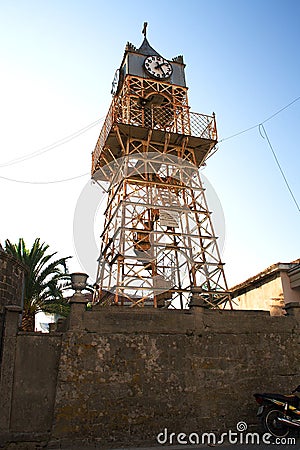 Lefkada Greece clock tower church Martini blue sky architecture historic Editorial Stock Photo