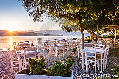 Lefkada, Greece. Nikiana beach taverna at sunrise. Stock Photo