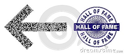 Left Arrow Fractal Mosaic of Left Arrow Items and Grunge Hall of Fame Round Guilloche Stamp Vector Illustration