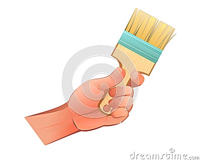Left hand with bristle brush for painting and painting repairs. Object isolated on white background. Funny cartoon style Vector Illustration