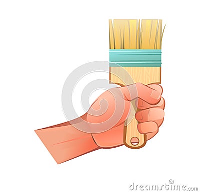 Left hand with bristle brush ready for painting repairs and painting work. Object isolated on white background. Funny Vector Illustration