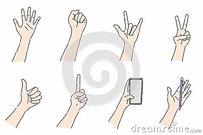 Left Hander`s Day, Collection of left hand in various gestures Vector Illustration