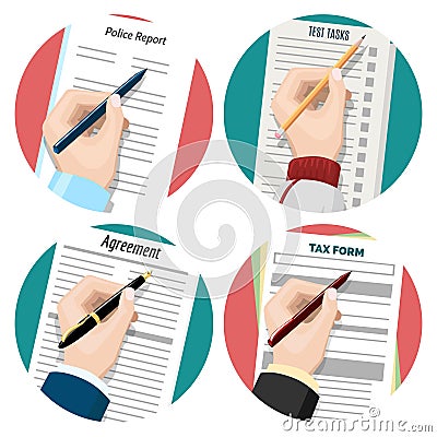 Left-hander writing signing document Vector Illustration