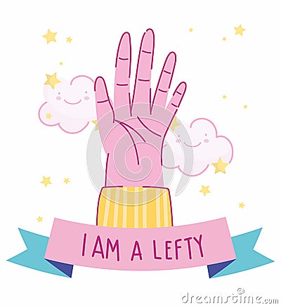 Left handers day, open hand cartoon celebration inspirational lettering Vector Illustration