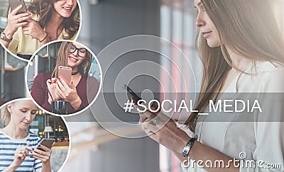 In left part of image there are round icons with image of girls with smartphones. Stock Photo