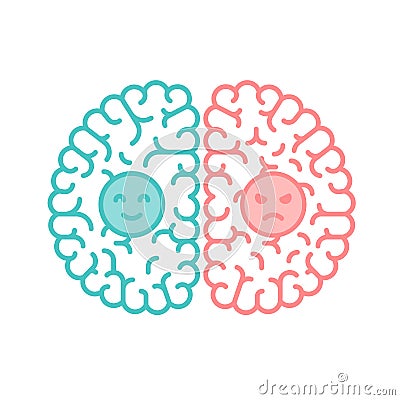 Left and Right Brain, Happy and Moody concept outline stroke fla Vector Illustration