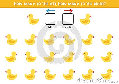 Left or right with cute rubber duckling. Logical worksheet for preschoolers. Vector Illustration