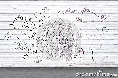Left and right human brain concept with brain hemispheres, maths formulas, abstract lines illustration on plain wooden wall Cartoon Illustration