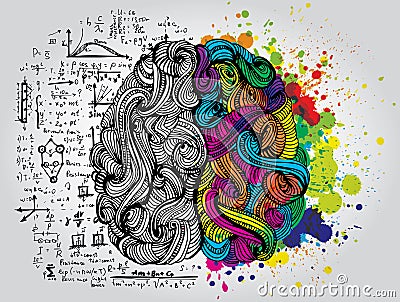 Left and right human brain. Creative half and logic half of human mind. Vector illustration. Vector Illustration