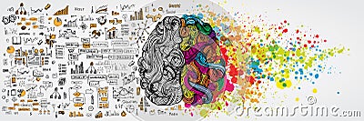 Left and right human brain with social infographic on logical side. Creative half and logic half of human mind. Vector Vector Illustration