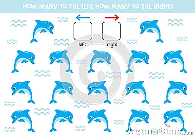 Left or right. Orientation game for kids. Cute cartoon dolphins Vector Illustration