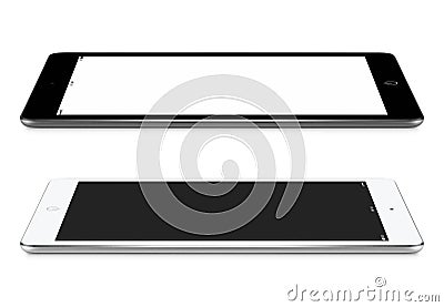 Left and right side view of black and white tablet pc with blank Stock Photo