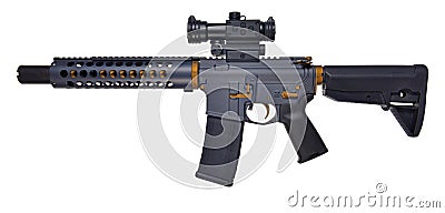 Left side SBR AR15 / M16 with collapsible stock, 10` barrel with large muzzle device Stock Photo