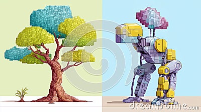 Left side shows a pixel-style tree with a broad trunk and stylized, multicolored foliage sprawling out in cube patterns Stock Photo
