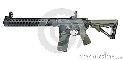 Left Side Supressed AR15 SBR with 30rd mag and collapsed stock Stock Photo