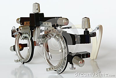 Left side view of trial frame used in ophtalmology and optometry to diagnose and correct refractive errors. Stock Photo