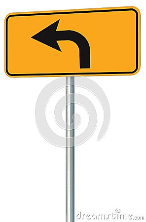 Left turn ahead route road sign perspective, yellow isolated roadside traffic signage, this way only direction pointer black arrow Stock Photo