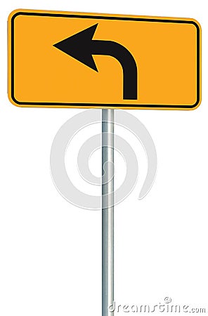 Left turn ahead route road sign perspective, yellow isolated roadside traffic signage, this way only direction pointer black frame Stock Photo