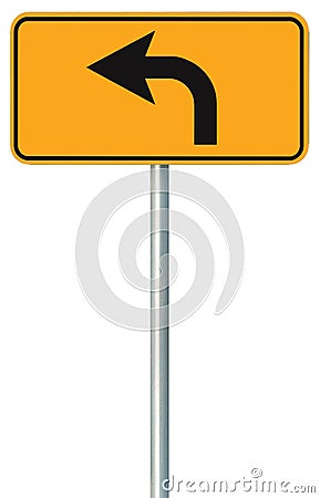 Left turn ahead route road sign, yellow isolated roadside traffic signage, this way only direction pointer, black arrow frame Stock Photo