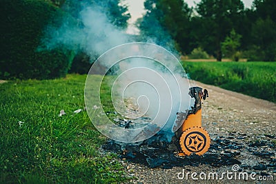 Fake grill caught fire Stock Photo