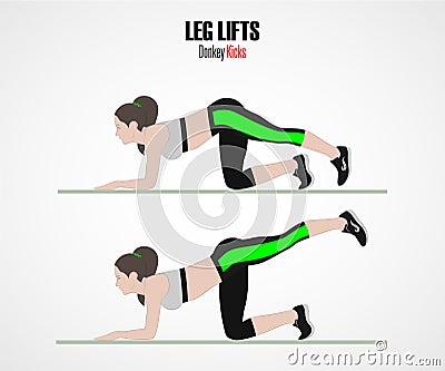 Leg lifts. Donkey kicks. Sport exercises. Exercises with free weight. Illustration of an active lifestyle. Vector Illustration