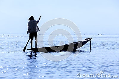 Inle Lake Leg rowing fisherman - Myanmar (Burma) Editorial Stock Photo