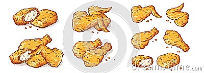 Leg wings and nuggets Fried Chicken Isolated Set Vector Illustration