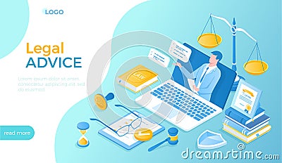 Legal Advice and Aid. Online services. A professional lawyer gives consultation through a laptop. Law and justice concept. Isometr Vector Illustration