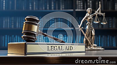 Legal AID: Judge's Gavel as a symbol of legal system , Themis is the goddess of justice and wooden stand with text Stock Photo