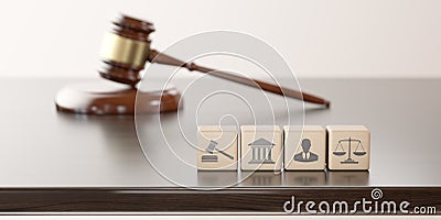 Legal Concept: judge's gavel hammer as a symbol of law and order and wooden cubes with icon Stock Photo